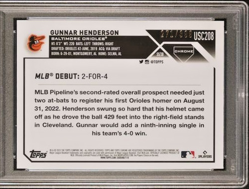 2023 Topps Chrome Upd Rookie /399 Magenta #USC208 Gunnar Henderson RC SP PSA 9 view 5