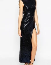 NEW True Decadedrnce Long Side Split Open Back Navy Sequin Dress Sz. 12 Tall