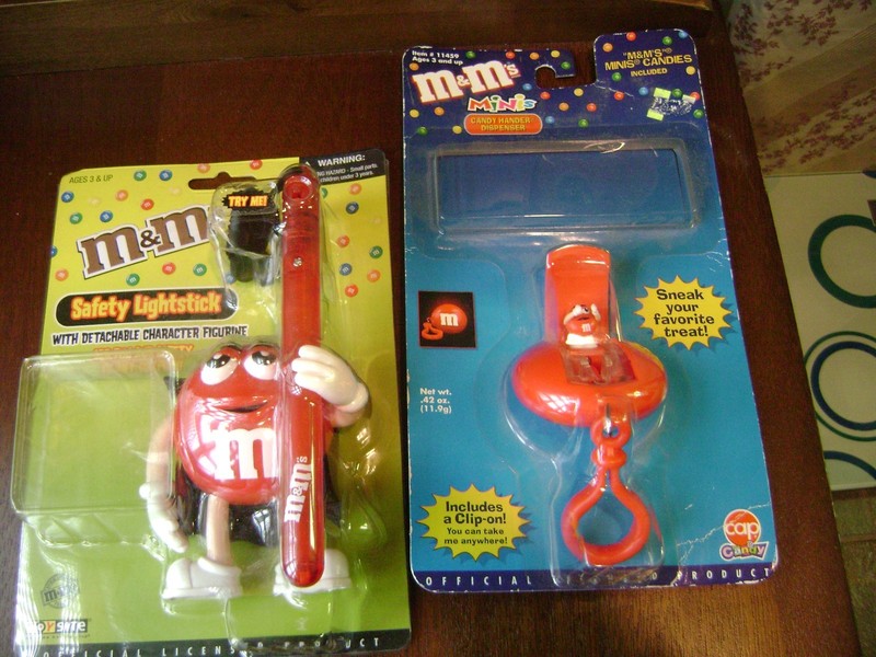 2 Vintage M&M's-- Character with Light Stick and Dispenser-Both Red