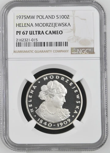 1975 POLAND SILVER 100 ZLOTYCH HELENA MODRZEJEWSKA NGC PF 67 ULTRA CAMEO