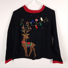 Tiara International Sweater Women Medium Black Red Reindeer Christmas Collection