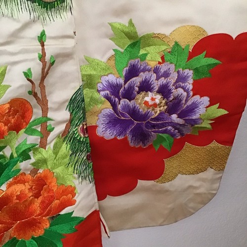 Kimono da matrimonio giapponese Uchikake vintage rosso avorio ricamato - Foto 9 di 12
