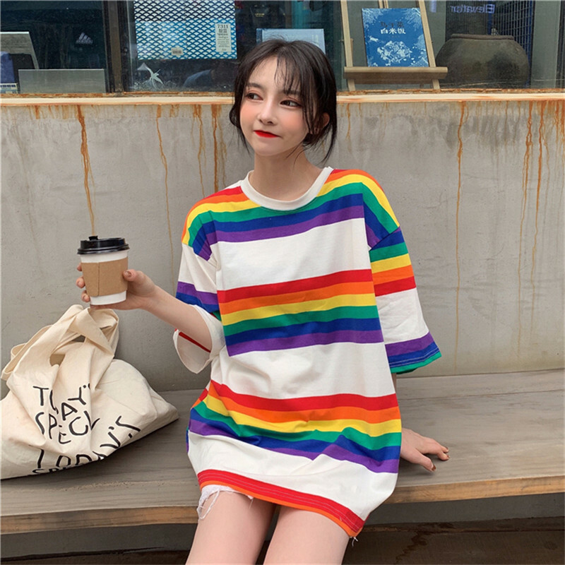 rainbow striped t shirt dress Women Rainbow Color T-shirt Striped Top Loose Short Sleeve Harajuku Casual  Tops