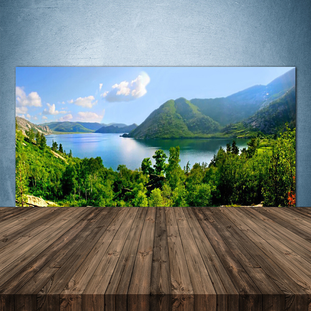 Crédence de cuisine en verre paysage forêt lac fond de hotte mural 140x70 cm