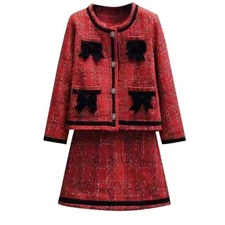 Women Single Mini Breasted Coat 2-piece Set Elegant Short Red Tight Suit Skirt