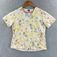 Disney Tinkerbell Scrub Top Womens Small Yellow V Neck Nursing Medical Pockets