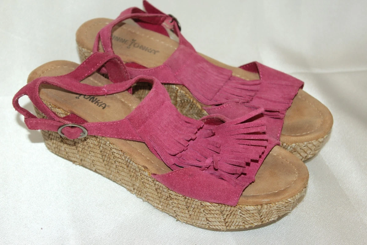 MINNETONKA Pink Suede Leather Fringe Platform Open Toe Straw Wedge
