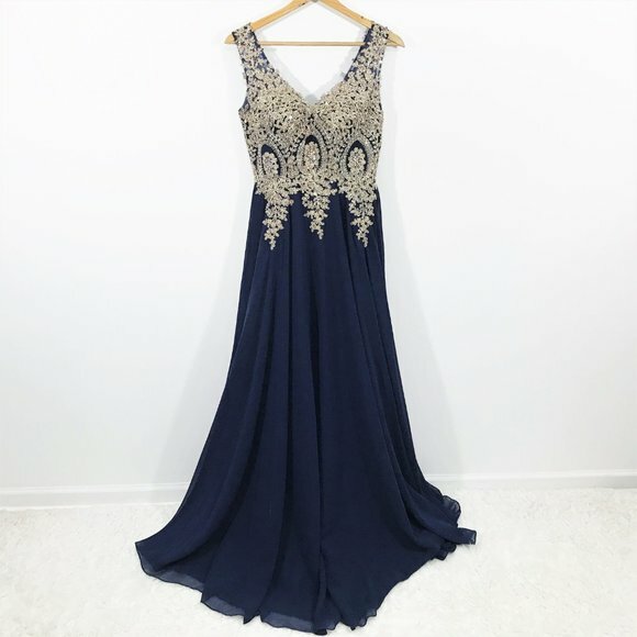 Sequinned Floor Length Evening Dress in Navy Blue main image 1
