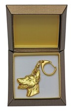 Dobermann - Portachiavi D'Oro Con Cane In Scatola Regalo, Per Borsa
