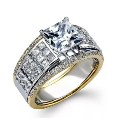 Fashion Two Tone 925 Silver Filled Ring Women Cubic Zircon Wedding Ring Sz 6-10