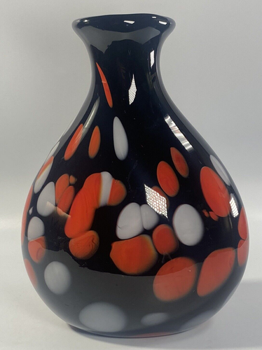 Beautiful Art Glass Vase Black with White & Orange Accents 10" - Picture 2 of 21