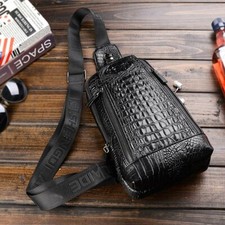 Men Crocodile Leather Sling Bag Crossbody Chest Daypack Bag for Travel Hiking