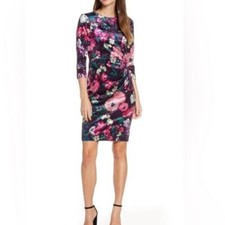 Eliza J Women’s Velvet Ruched Waist Dress Sz 10 Jewel Tone Floral Romantic Glam