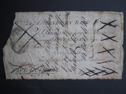 Beverley Bank 1814 Provincial Five Guineas banknote Poor RARE - 第 1/3 張圖片
