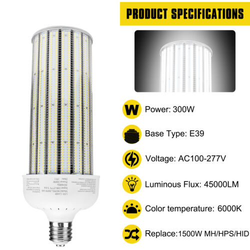 250W LED Corn Light Bulb Equivalent 1500W MH/HPS Warehouse Parking Lot Lights 6k - Picture 4 of 12