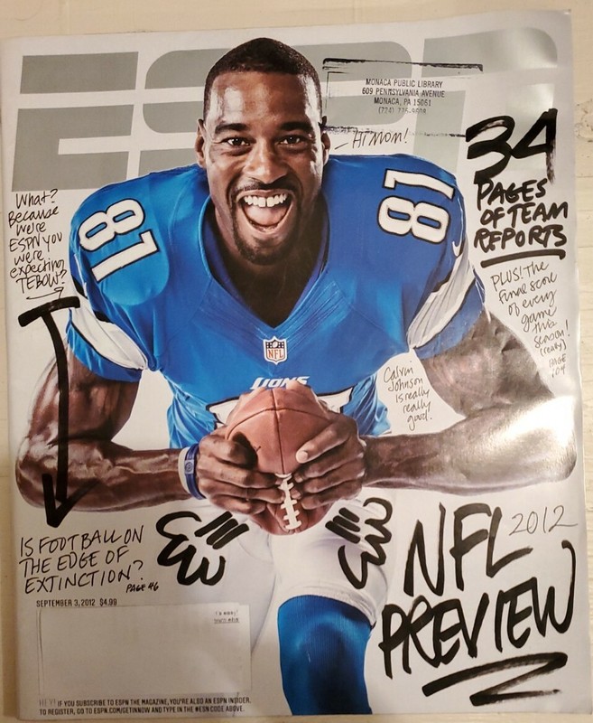 CALVIN JOHNSON ESPN MAGAZINE 3 SEPT 2012 - DETROIT LIONS + PEYTON MANNING