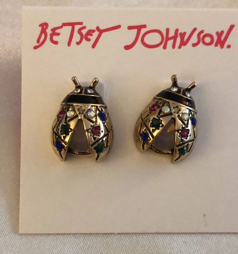 Betsey Johnson Gold Tone Celestial Ladybug Stud Earrings Crystal