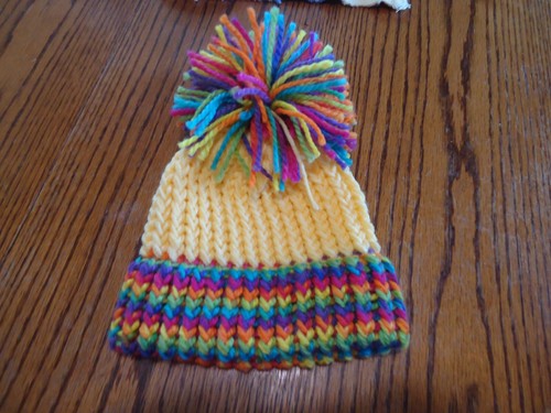 New Hand Made Childs Knit Hat W/Pom Pom Yellow/Multicolor One size fits Most