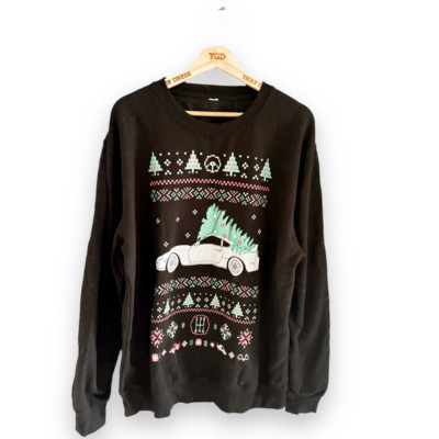 Herren Schwarz Weihnachten Sweatshirt Auto Baum Print Pullover Oberteil Größe XL