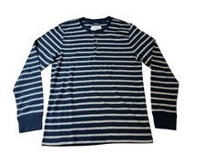 St Johns Bay Mens Striped Long-Sleeve Casual Shirt Navy  Gray Button Collar M
