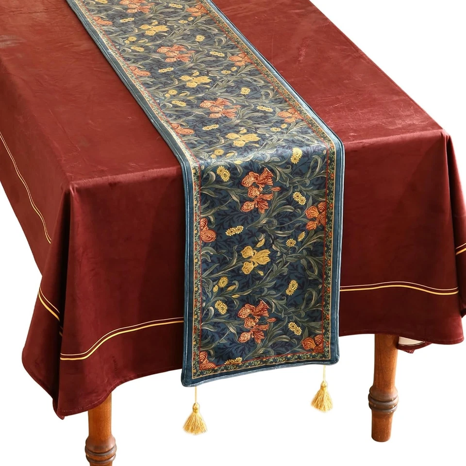 Exquisite Dark Blue Floral Velvet Table Runner 102" Long - Home Decor Must-Have - Image 3 of 4