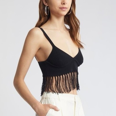 Open Edit Fringe Sweater Bralette Black Knit Crop Festival Boho Nordstrom M NWT