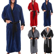 Men Long Dressing Gown Fleece Hooded Towelling Bath Robe Warm Lounge Nightgown*