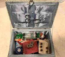 DRITZ SEWING BASKET Satin Lining, Wicker, Handled VTG 9.5”x 6.5”x 4” + Contents