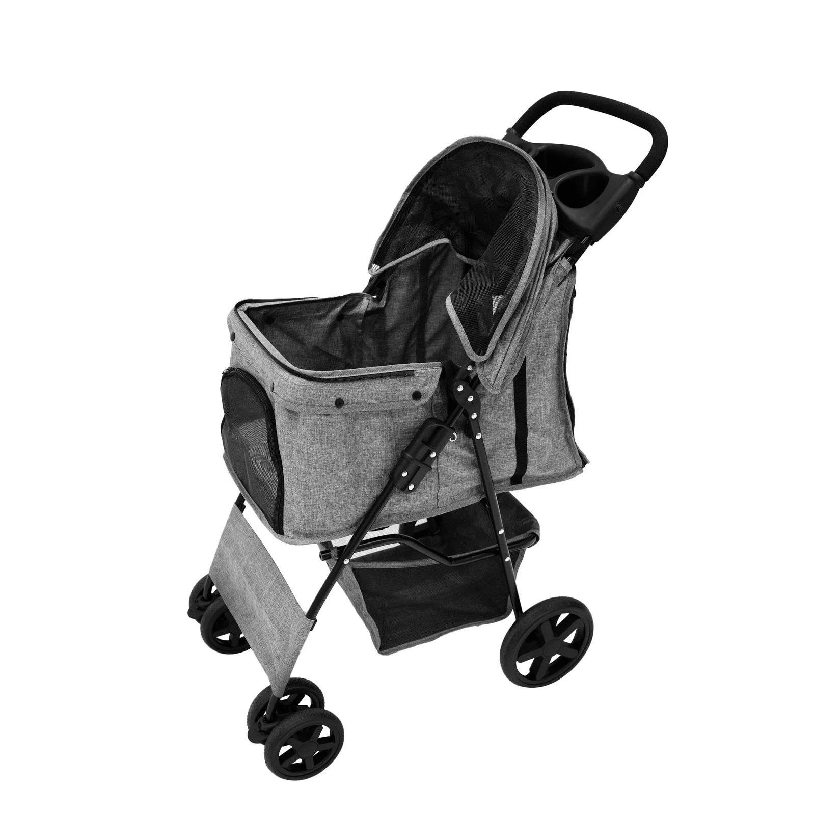 Pet Stroller Pushchair Woven Grey Carrier Foldable Trolley Travel