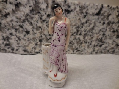 ANTIQUE GERMAN ART DECO PORCELAIN HALF DOLL WITH IRIDESCENT LAVENDER DRESS