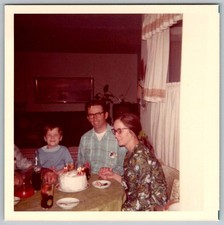 Vtg Color Snapshot Retro Family Birthday Party Cake Man Woman Boy Glasses 1972