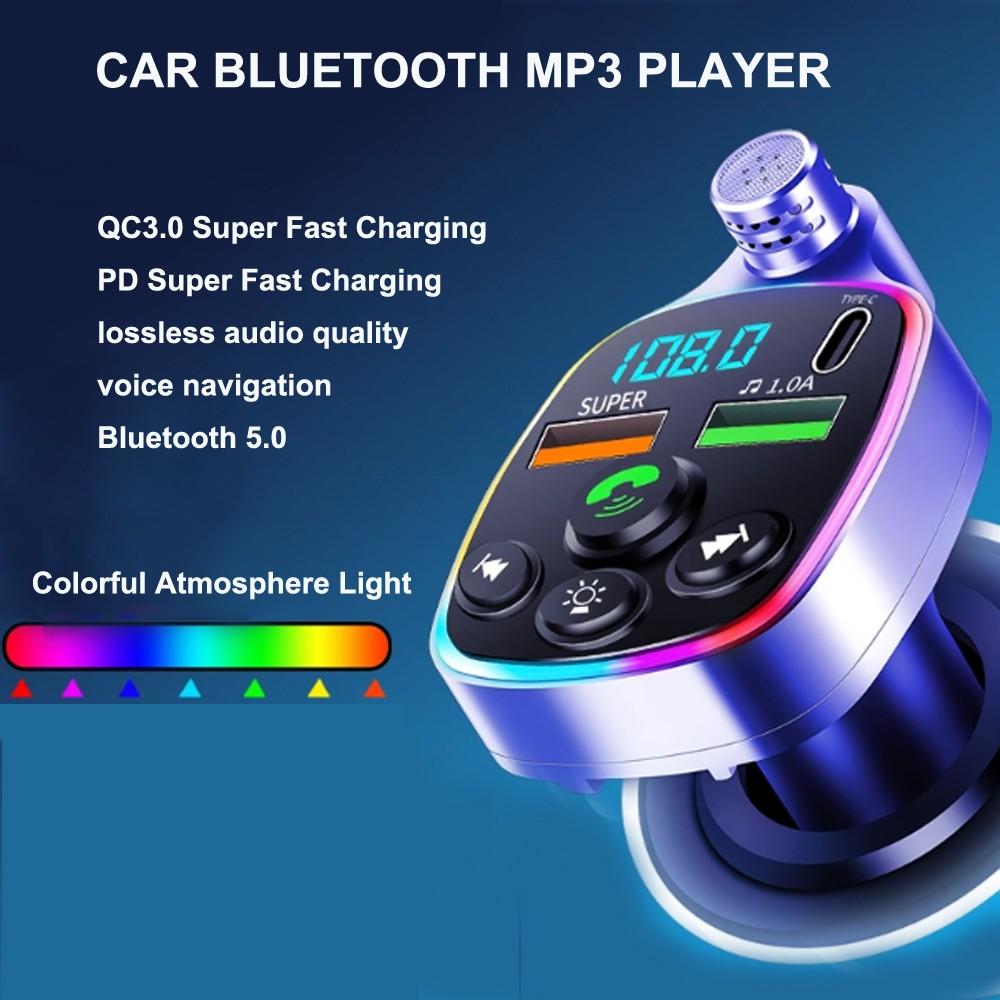 Bluetooth 5.0 Car Type-C Dual USB Player Handsfree MP3 Charger PD QC3.0 Adapter