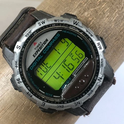 Vintage Timex Expedition Men Digital Compass Bezel Leather Digital Watch 7 3/4"
