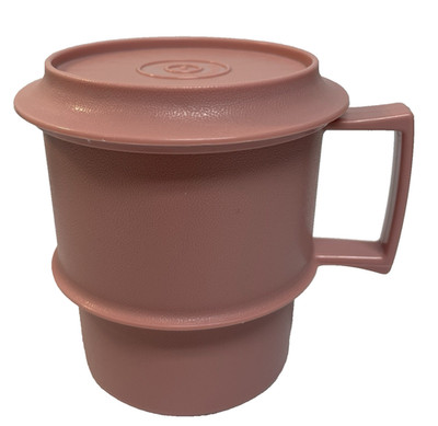 Vintage Tupperware #1312 Coffee Tea Mug Pink Dusty Rose w/ Lid Coaster #1313