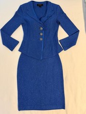 St. John Size 4 Blue Knit Skirt Suit Jeweled Buttons Worn Once