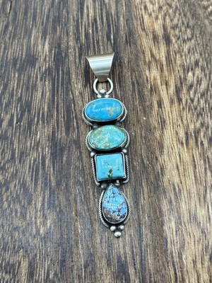 Navajo Handmade Sterling Silver Mixed Turquoise Drop Pendant By Scott Skeets