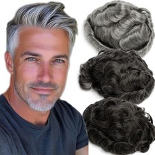 Mens Toupee Thin Skin PU/MONO Real Remy Human Hair Piece Toupee Replacement Wig