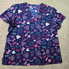 Breast Cancer Awareness Scrub Top Womens XL V-Neck Blue Ribbon Print Nursing