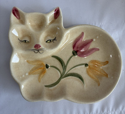 Lod Angeles Potteries Kitten Cat Tray Dish Plate USA MCM Flowers Floral