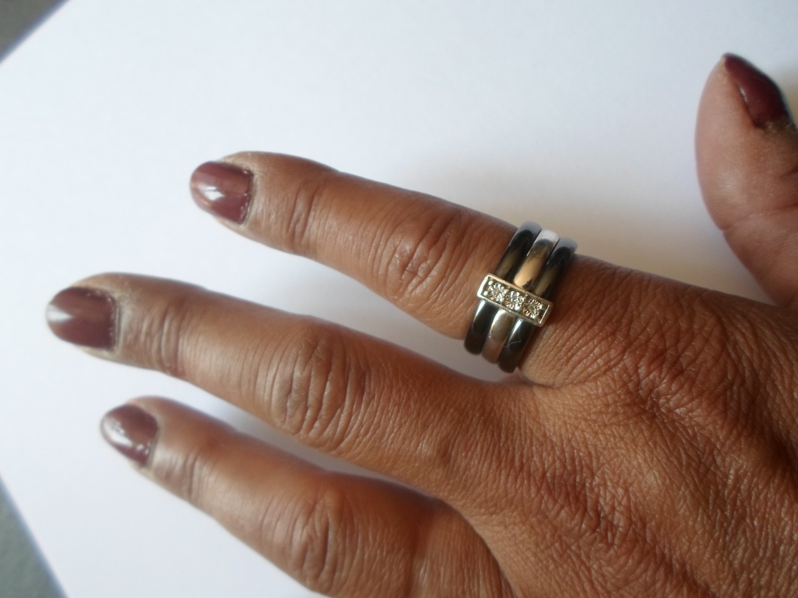 ceramic and solid silver ring, triple rows, rhine… - image 2