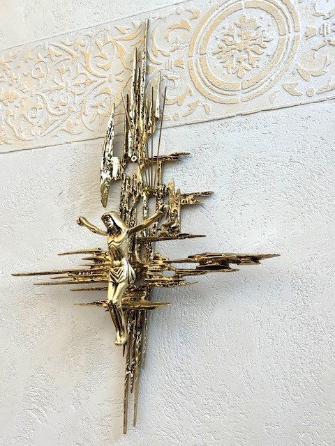 Vintage Bronze Crucifix Wall Cross Jesus Sculpture Brutalist 62cm Religious