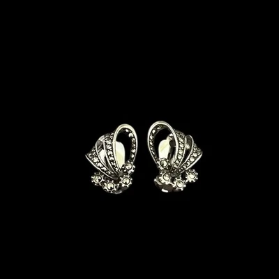 Paire de boucles d’oreilles circa 1950/1960 argent massif / Marcassites Vintage - Photo 1/4