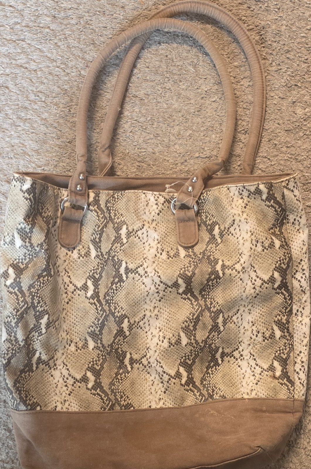 Snake Print Tote Bag Beige Brown Pattern Snap Double Handles Lined Casual