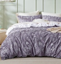 3pc Reversible Queen Bed Duvet Cover Set Grayish Purple Floral Bedding 90x90