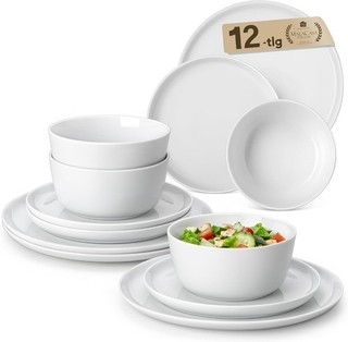 12 Piece Dinner Set for Auction Porcelain Plates Bowls White MALACASA Lexi 12