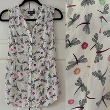 ModCloth Dragonfly Print White Tie Back Sleeveless Blouse Vacation Size Small