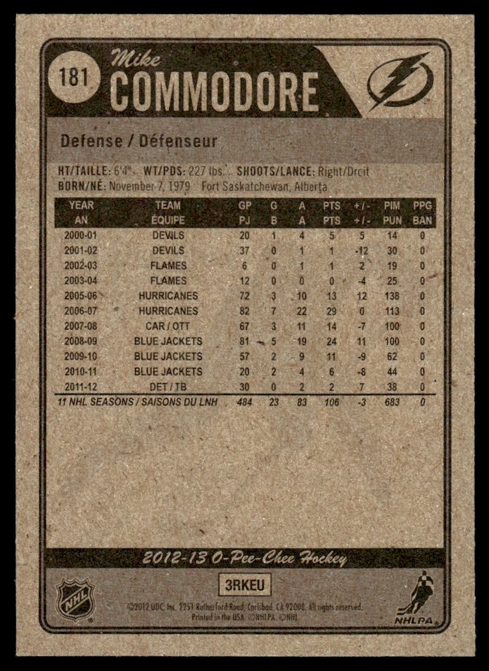 2012-13 O-Pee-Chee Red Mike Commodore Tampa Bay Lightning #181 - Image 2 of 2