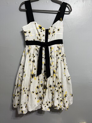 DIANE VON FÜRSTENBERG  White Bumble Bee Sundress Sz6 + Sterling Enamel Bee Pin