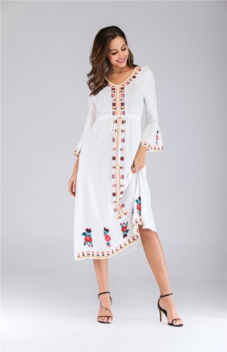 Ukrainian Embroidered Dress Vyshyvanka Boho Dress V-Neck Ethnic Summer Cocktail - Picture 18 of 27