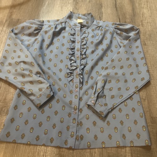 Vintage 1970s Jantzen Blue Paisley Frilly Collar Blouse Buttons Size 16 Boho - 第 1/8 張圖片